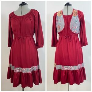 Vintage 70s Peasant Prairie Dress Vest Red Floral Boho Hippie Whimsigoth S/M